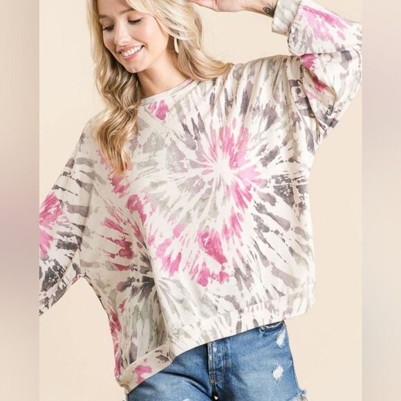 BiBi Tie Dye Print Terry Pull Over Women's Tie-Dye Long Sleeve Top sz Small - Picture 3 of 9